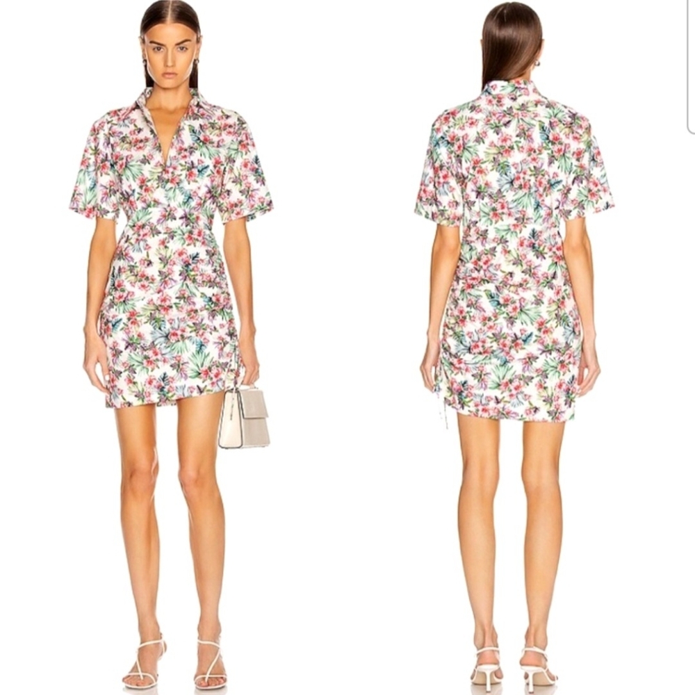 Les Reveries Floral Mini Dress Button Front Puff Sleeve Ruched Revolve Size 0